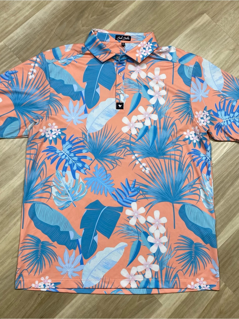 Bad Birdie Golf Shirt Mens XL Peach Pink Floral Palm Leaf Performance Polo